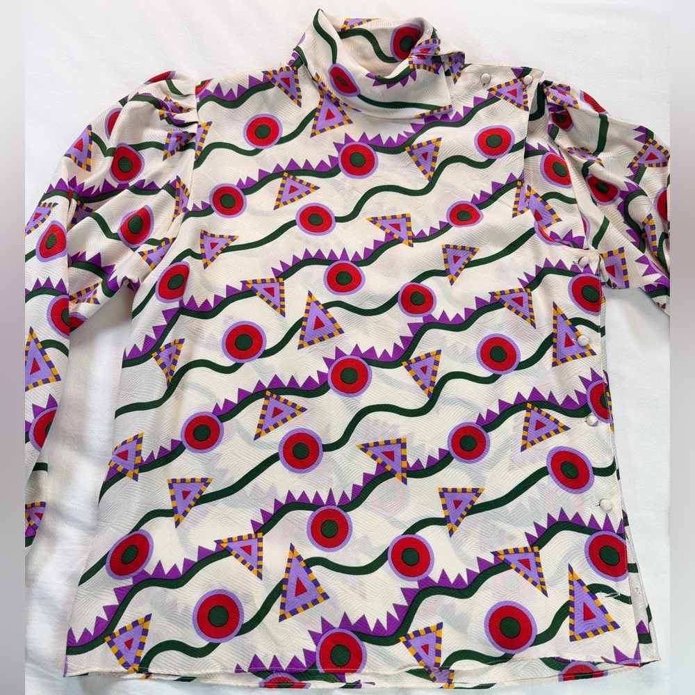 Vintage 80s/90s Silk Abstract Print Side-Button Blouse Size 8